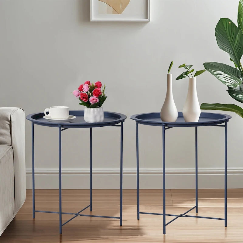 Lot de 2 Tables Rondes Pliantes, Petite Table d'Appoint Ronde en Acier, Aucun Assemblage Requis - 47 x 47 x 50 cm