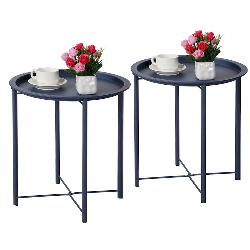 Lot de 2 Tables Rondes Pliantes, Petite Table d'Appoint Ronde en Acier, Aucun Assemblage Requis - 47 x 47 x 50 cm