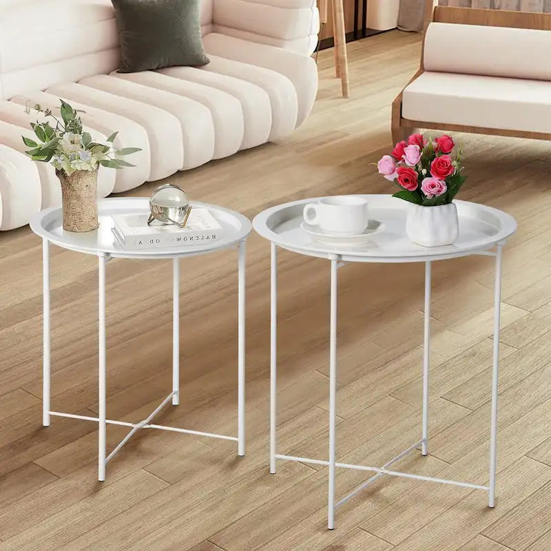 Lot de 2 Tables Rondes Pliantes, Petite Table d'Appoint Ronde en Acier, Aucun Assemblage Requis - 47 x 47 x 50 cm
