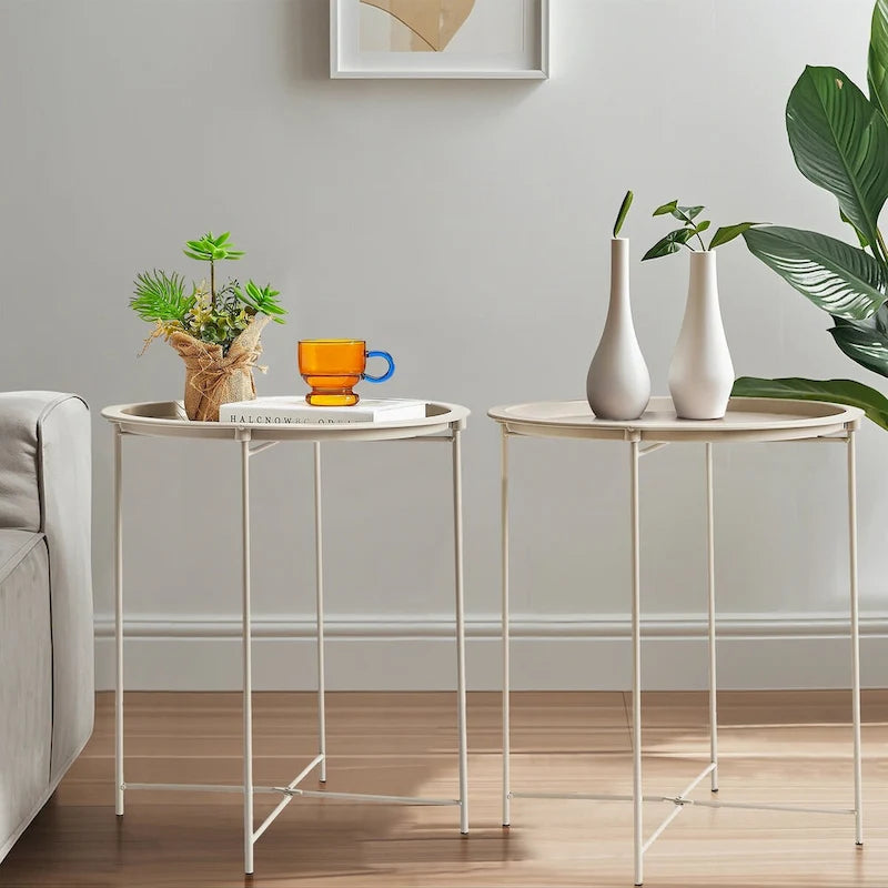 Lot de 2 Tables Rondes Pliantes, Petite Table d'Appoint Ronde en Acier, Aucun Assemblage Requis - 47 x 47 x 50 cm