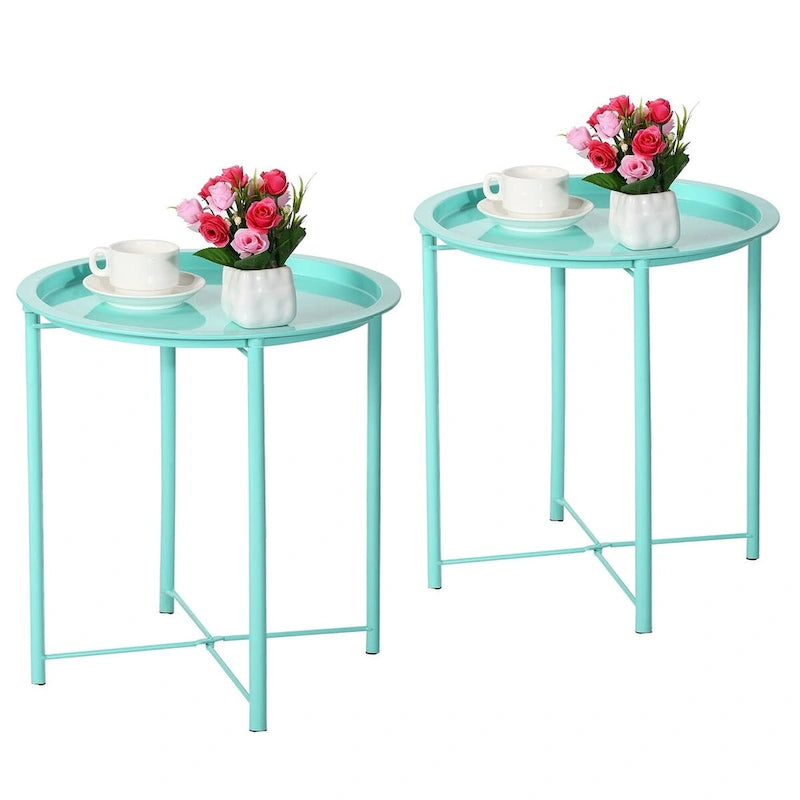 Lot de 2 Tables Rondes Pliantes, Petite Table d'Appoint Ronde en Acier, Aucun Assemblage Requis - 47 x 47 x 50 cm