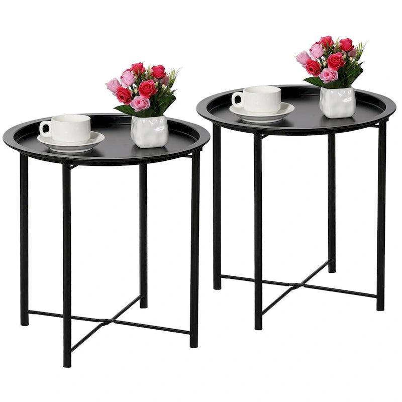 Lot de 2 Tables Rondes Pliantes, Petite Table d'Appoint Ronde en Acier, Aucun Assemblage Requis - 47 x 47 x 50 cm