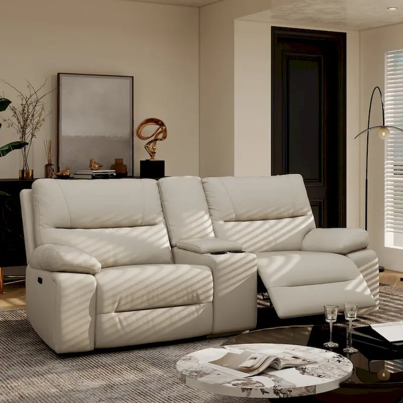 Causeuse inclinable électrique en cuir 2 places de 79 po avec console et porte-gobelets