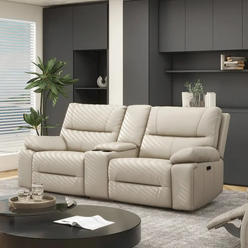 Causeuse inclinable électrique en cuir 2 places de 79 po avec console et porte-gobelets