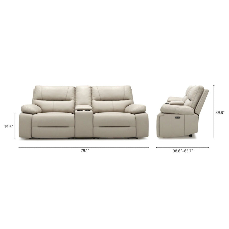 Causeuse inclinable électrique en cuir 2 places de 79 po avec console et porte-gobelets