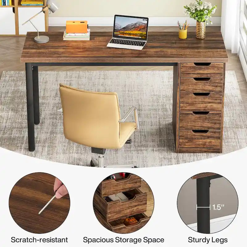 Bureau d'ordinateur moderne et simple Table d'étude et d'écriture avec 5 tiroirs