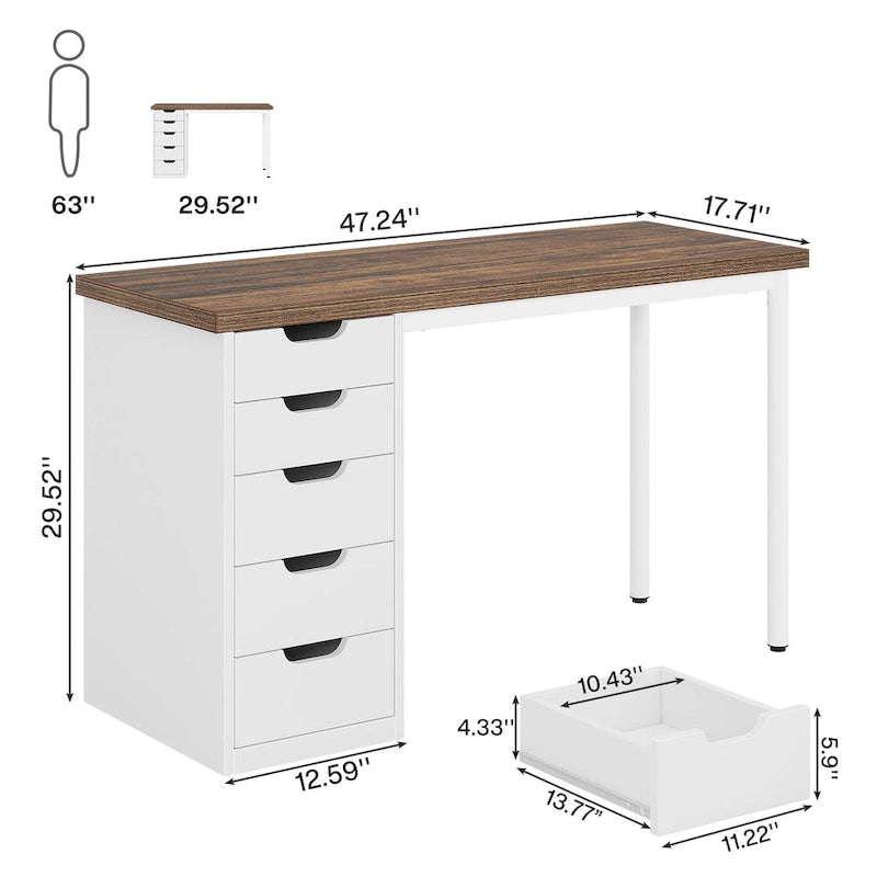 Bureau d'ordinateur moderne et simple Table d'étude et d'écriture avec 5 tiroirs