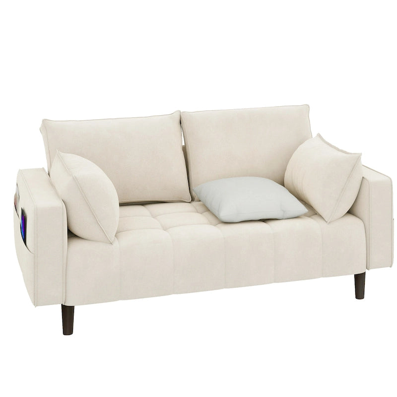 Canapé deux places capitonné en velours de 142 cm avec siège capitonné et poches de rangement latérales