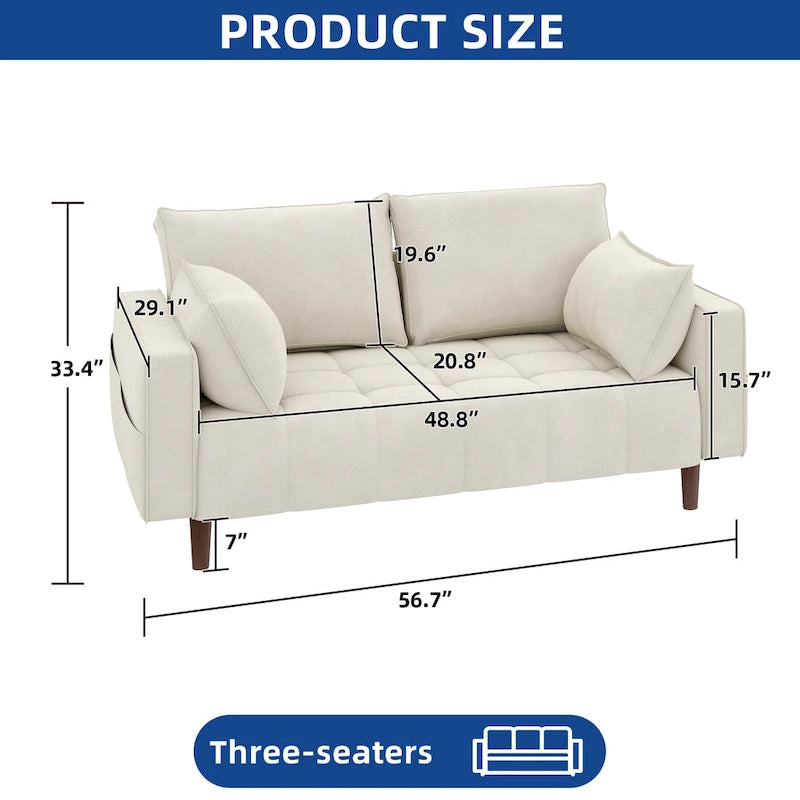 Canapé deux places capitonné en velours de 142 cm avec siège capitonné et poches de rangement latérales