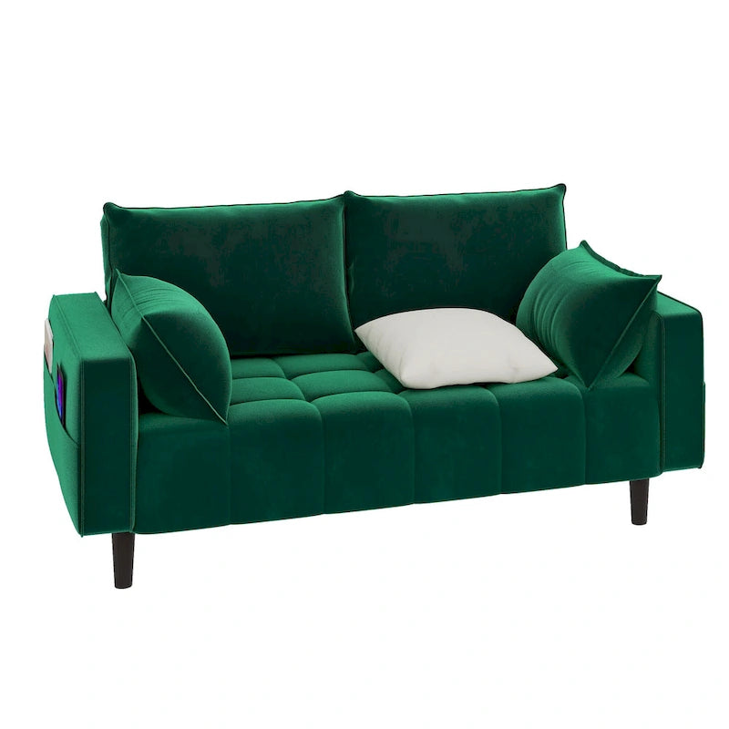 Canapé deux places capitonné en velours de 142 cm avec siège capitonné et poches de rangement latérales
