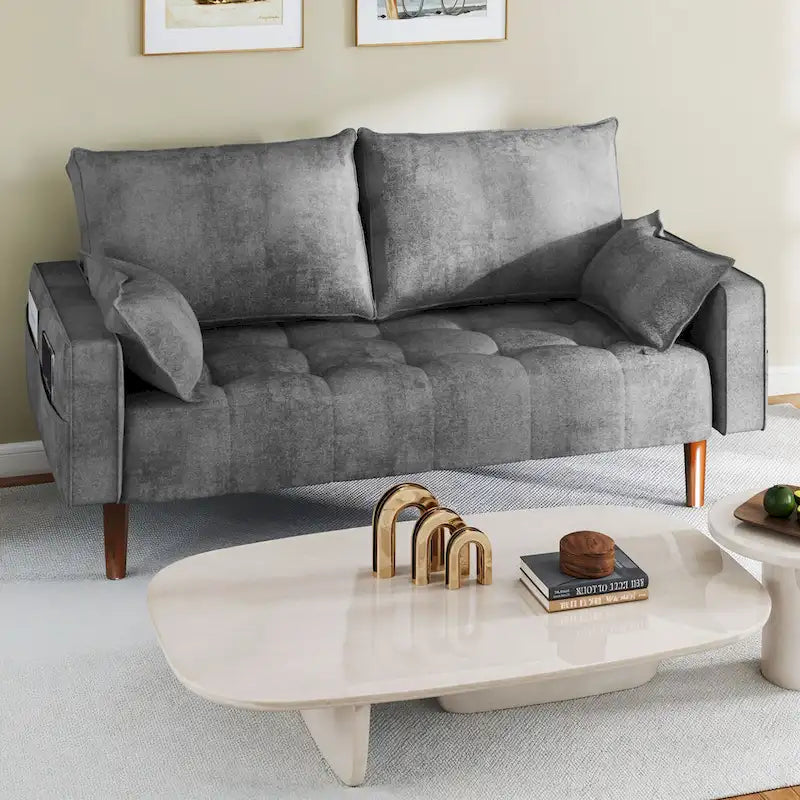 Canapé deux places capitonné en velours de 142 cm avec siège capitonné et poches de rangement latérales