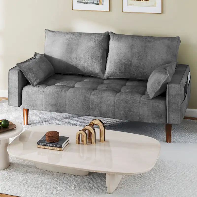 Canapé deux places capitonné en velours de 142 cm avec siège capitonné et poches de rangement latérales